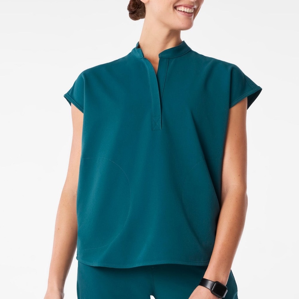 Figs Teal Short Sleeve Mock Neck Scrub Top